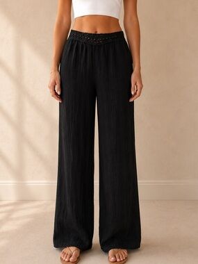 Dex Black Wide-Leg Crochet Waist Palazzo Pants / Flowy Hippie Pants / Vacation